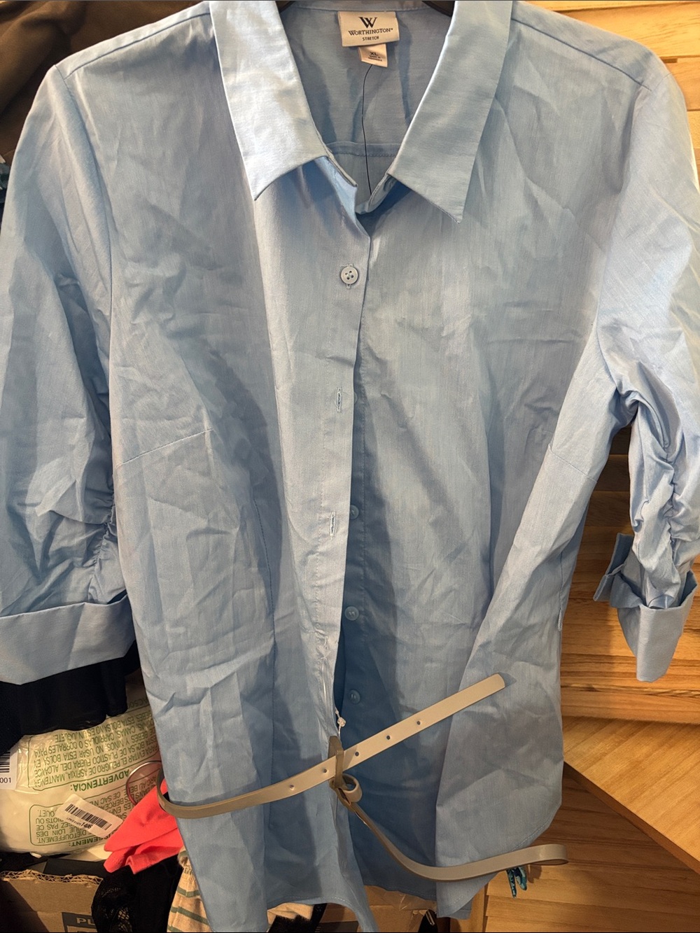Worthington Light Blue Ladies Dress Shirt With Belt XL NWT